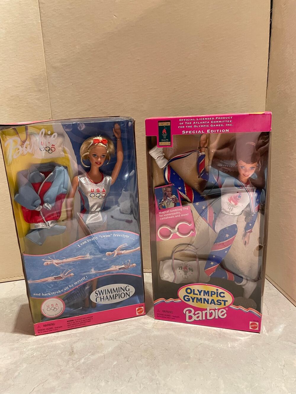 Vintage lot of two Barbies 1995 Olympic gymnast 1999 swimming champion USA NOS
